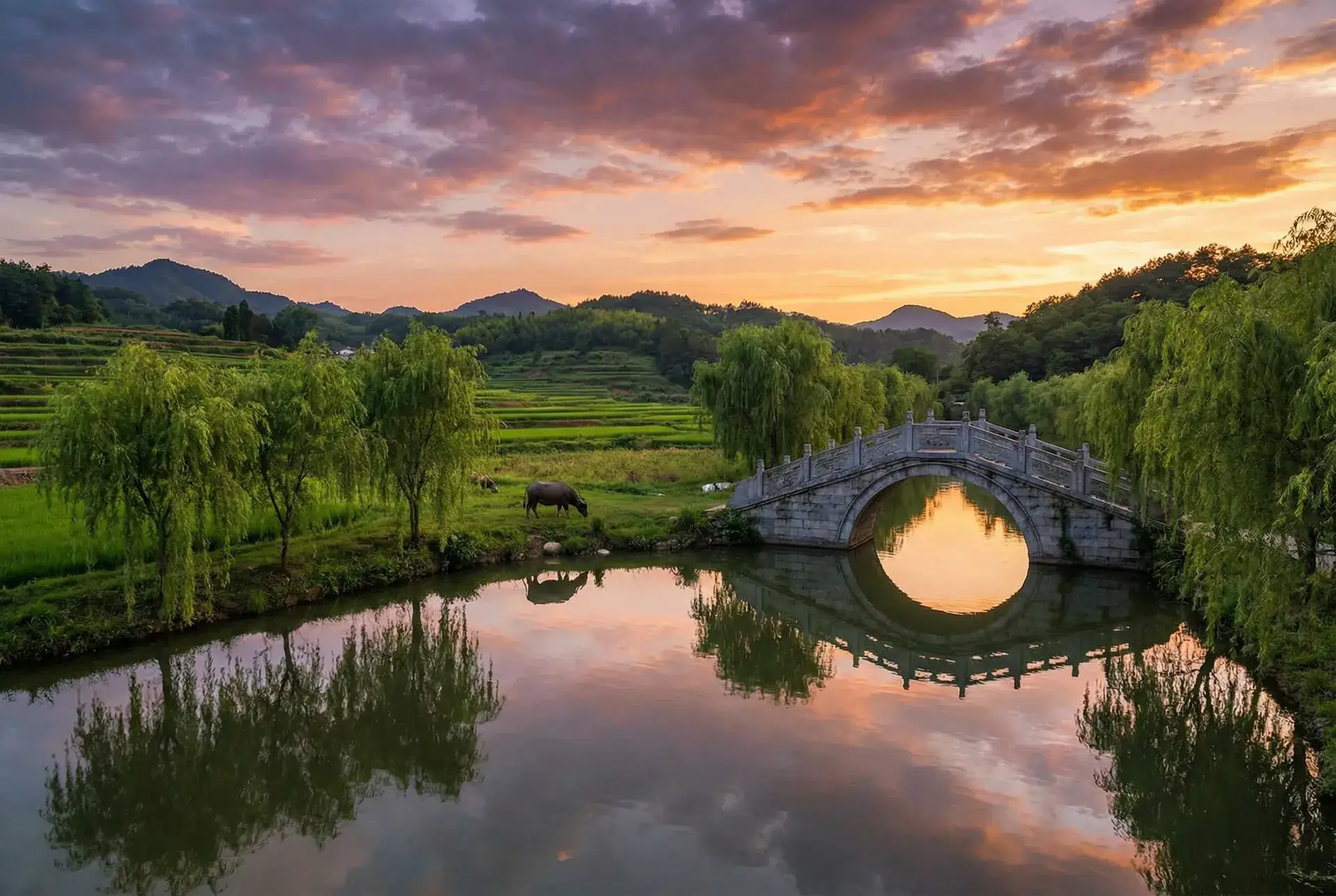 夕阳下的石拱桥与垂柳，水牛在河边吃草 - 99精品欧美一区二区三区黑人 乡村美景